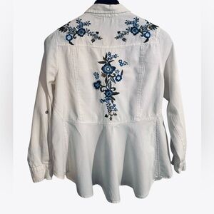 NOSTALGIA Y2K White Denim Embroidered Flowers High Low Peplum Shirt Sz S